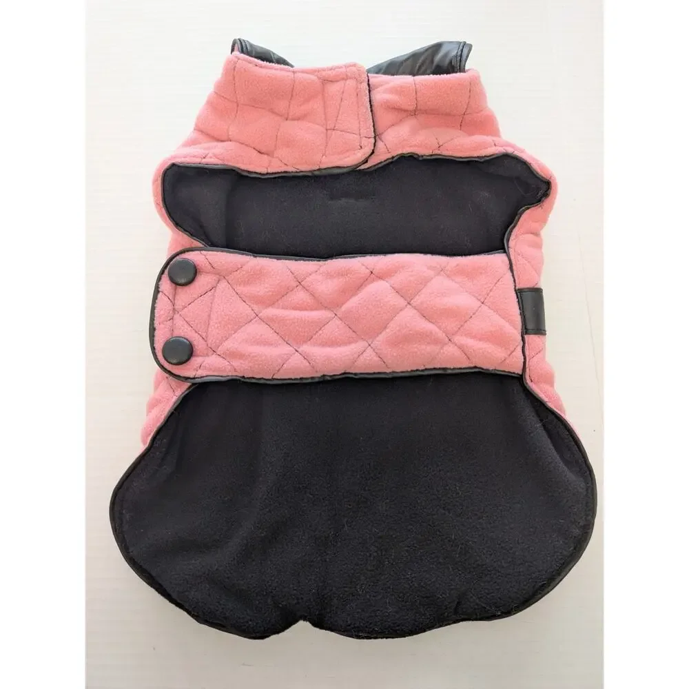 New York Dog Pink Quilted Fleece Dog Coat Size 16 Inch Black Trim Designer Style